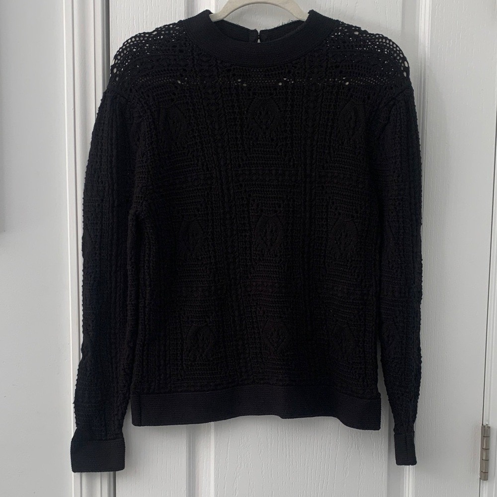 White House Black Market Women's Mock Neck Pointelle Sweater Sz L Black Pullover